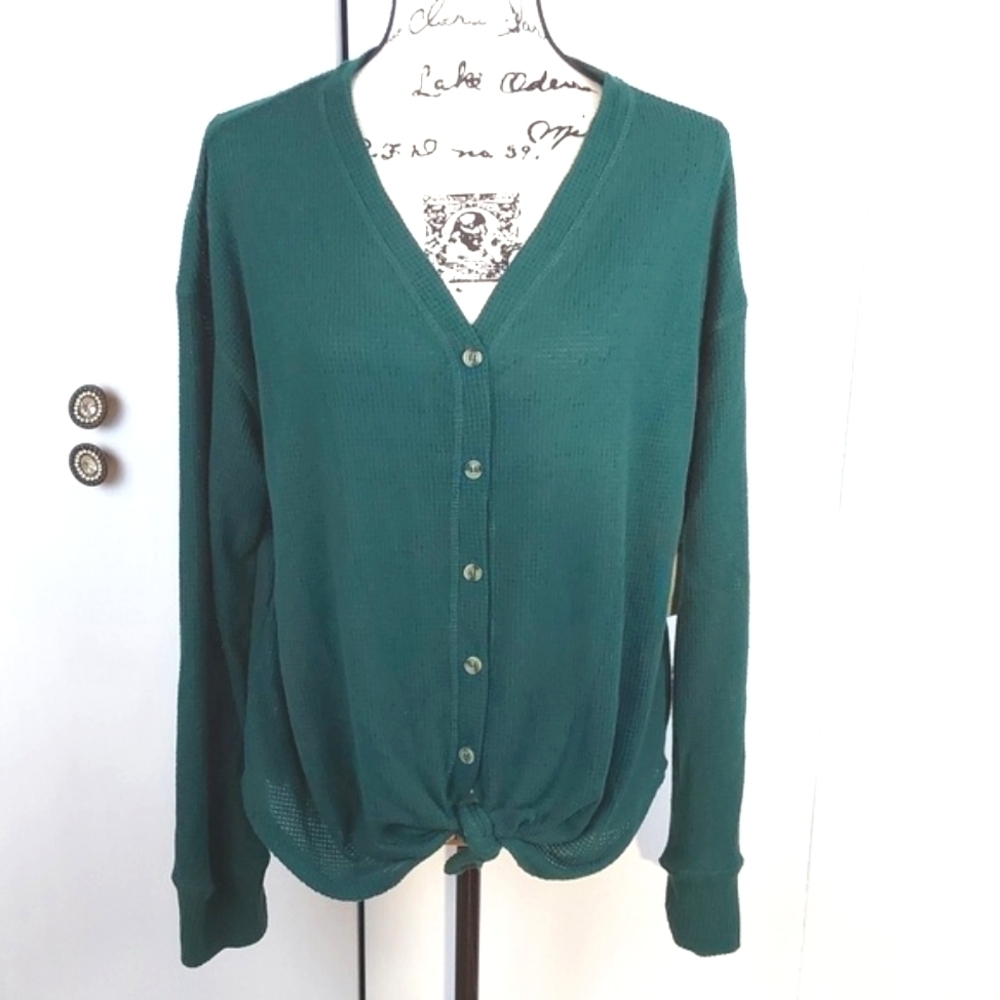 So| Womens Green Cozy Soft Button Tie Front Waffle Weave Top Sz.L